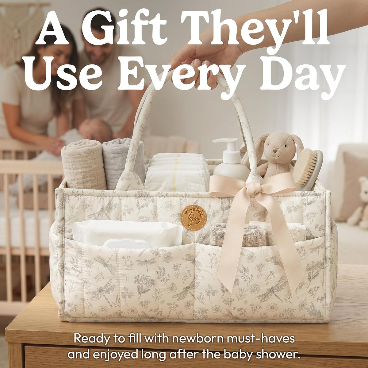 Floral Diaper Caddy Organizer - Portable Diaper Caddy with Handles & Removable Dividers - Large & Quilted Nursery Storage Basket for Girls - Woodland Nursery Decor & Wildflower Gift for Baby Shower
