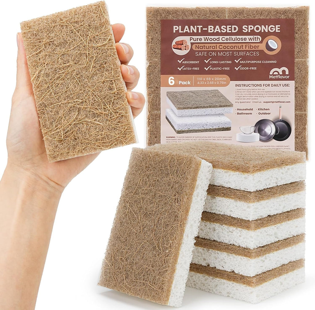 Metflavor Kitchen Sponges, 6 Count, Natural Sponge with Coconut Scrubber