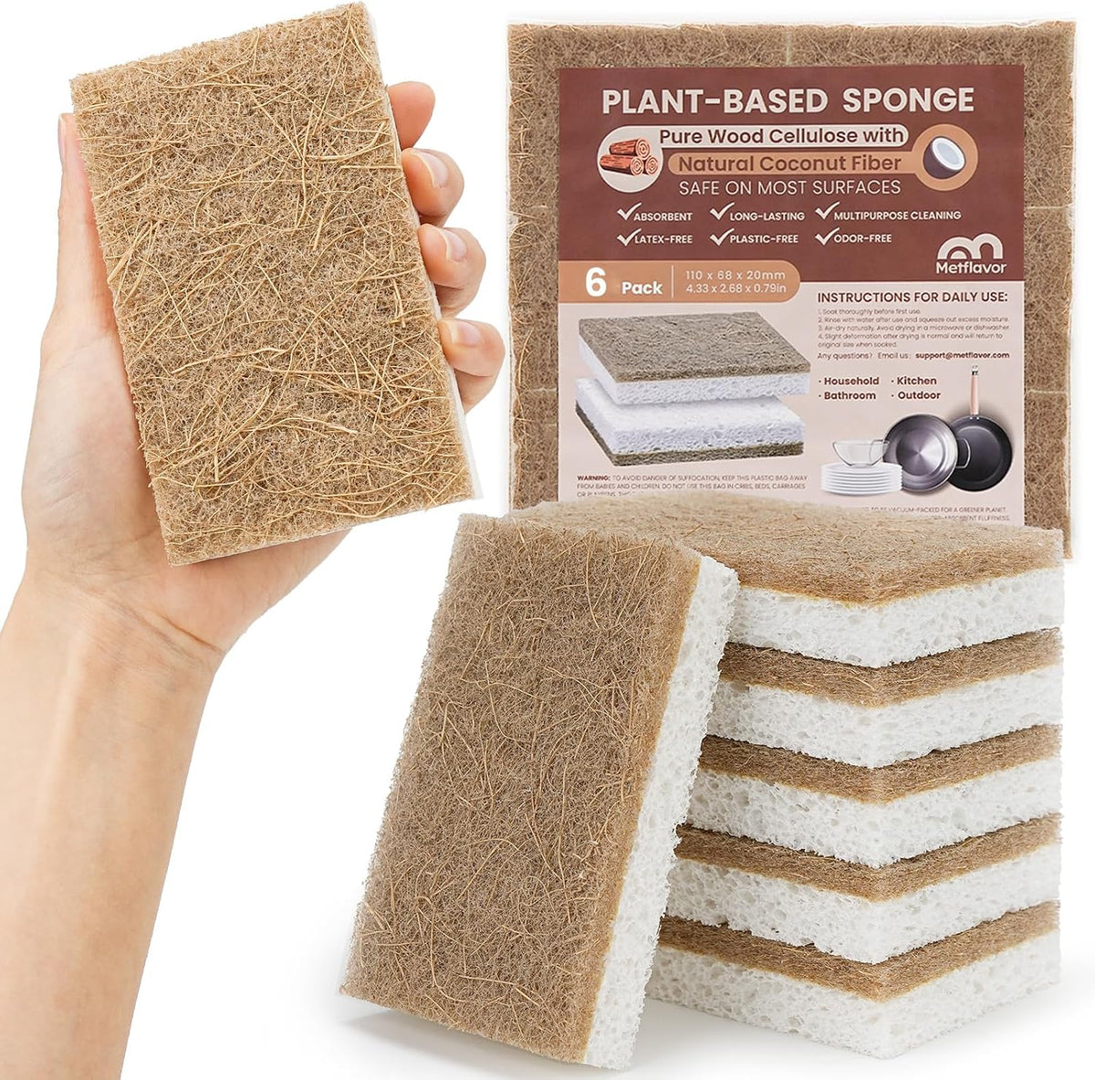 Metflavor Kitchen Sponges, 6 Count, Natural Sponge with Coconut Scrubber