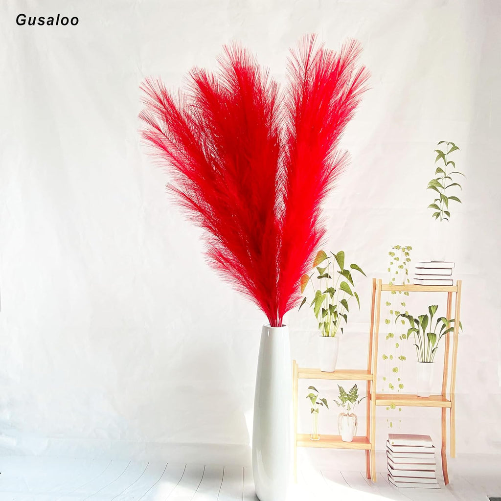 6 Pcs Artificial Pampas Grass Large, 47"/121cm Fake Faux Artificial Pampas Grass Decor Tall Stems Fluffy Pompous Pompass Branch Floor Vase Filler for Home Decor Boho Decor Wedding Red