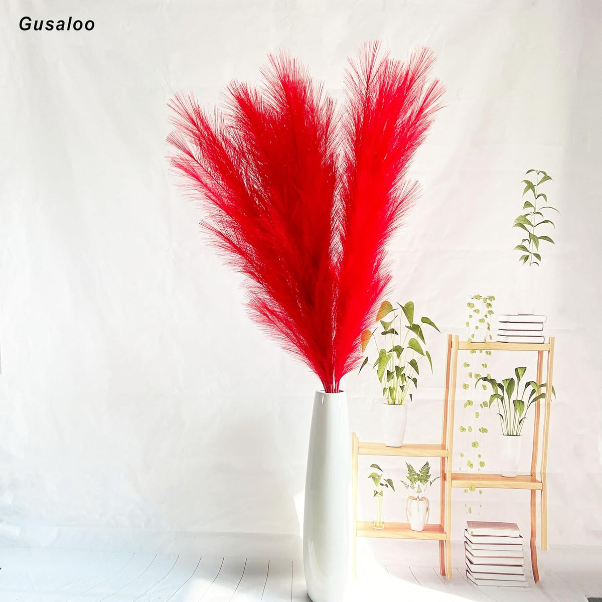 6 Pcs Artificial Pampas Grass Large, 47"/121cm Fake Faux Artificial Pampas Grass Decor Tall Stems Fluffy Pompous Pompass Branch Floor Vase Filler for Home Decor Boho Decor Wedding Red