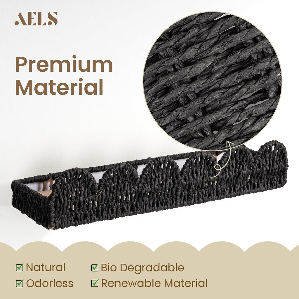 AELS Scalloped Nursery Bookshelf, Set of 4, Picture Ledge Shelf for Wall Decor, Woven Natural Fibre Floating Shelves for Books, Toys, Photo Frames, Nursery, Boho Modern Farmhouse Book Shelf, Black