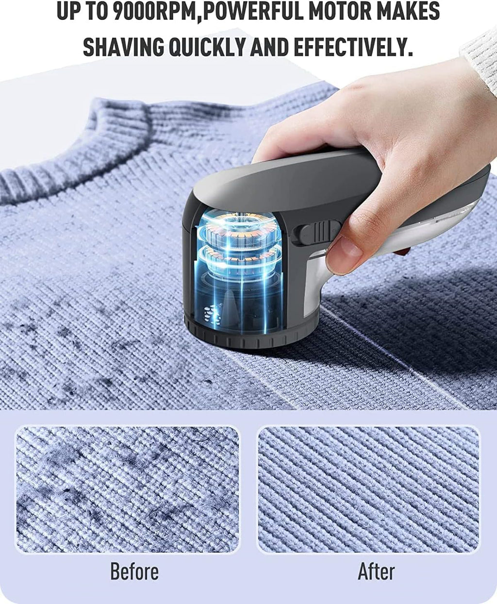 Ruidla Fabric Shaver Defuzzer, Electric Lint Remover, Rechargeable Sweater Shaver with Stainless Steel 3-Leaf Blades, Dual Protection, Removable Bin, Easy Remove Fuzz, Lint, Pills, Bobbles