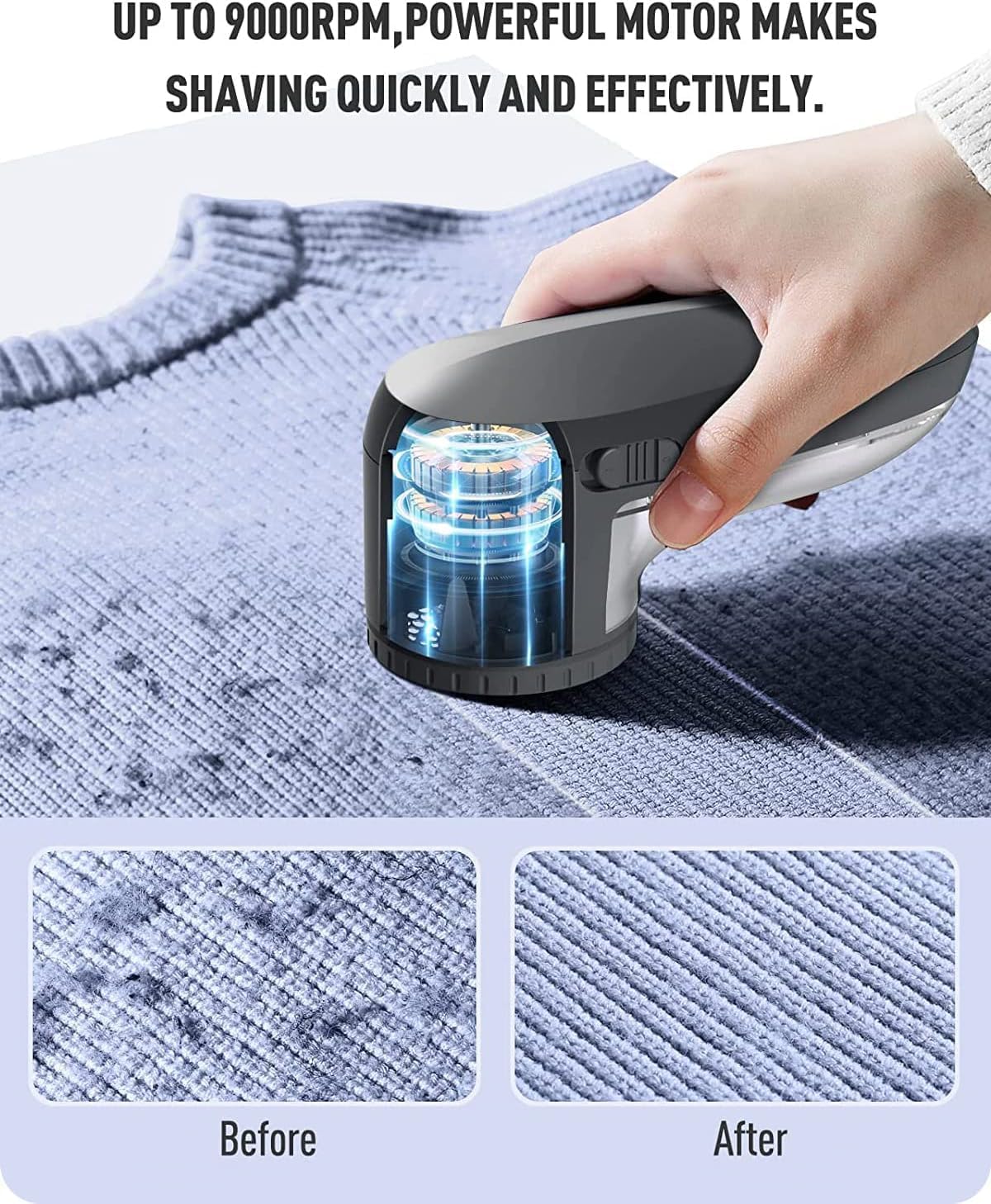 Ruidla Fabric Shaver Defuzzer, Electric Lint Remover, Rechargeable Sweater Shaver with Stainless Steel 3-Leaf Blades, Dual Protection, Removable Bin, Easy Remove Fuzz, Lint, Pills, Bobbles