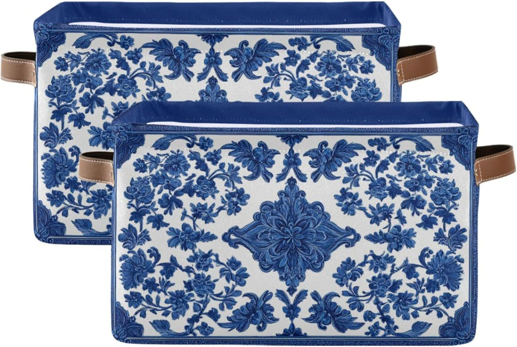 Wamika Blue White Porcelain Storage Basket with Waterproof Liner and PU Handles Flowers Storage Bins Boxes 14.2" Collapsible Decorative Organizer Baskets for Bedroom Closet Office 2 Pack