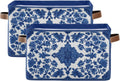 Wamika Blue White Porcelain Storage Basket with Waterproof Liner and PU Handles Flowers Storage Bins Boxes 14.2" Collapsible Decorative Organizer Baskets for Bedroom Closet Office 2 Pack