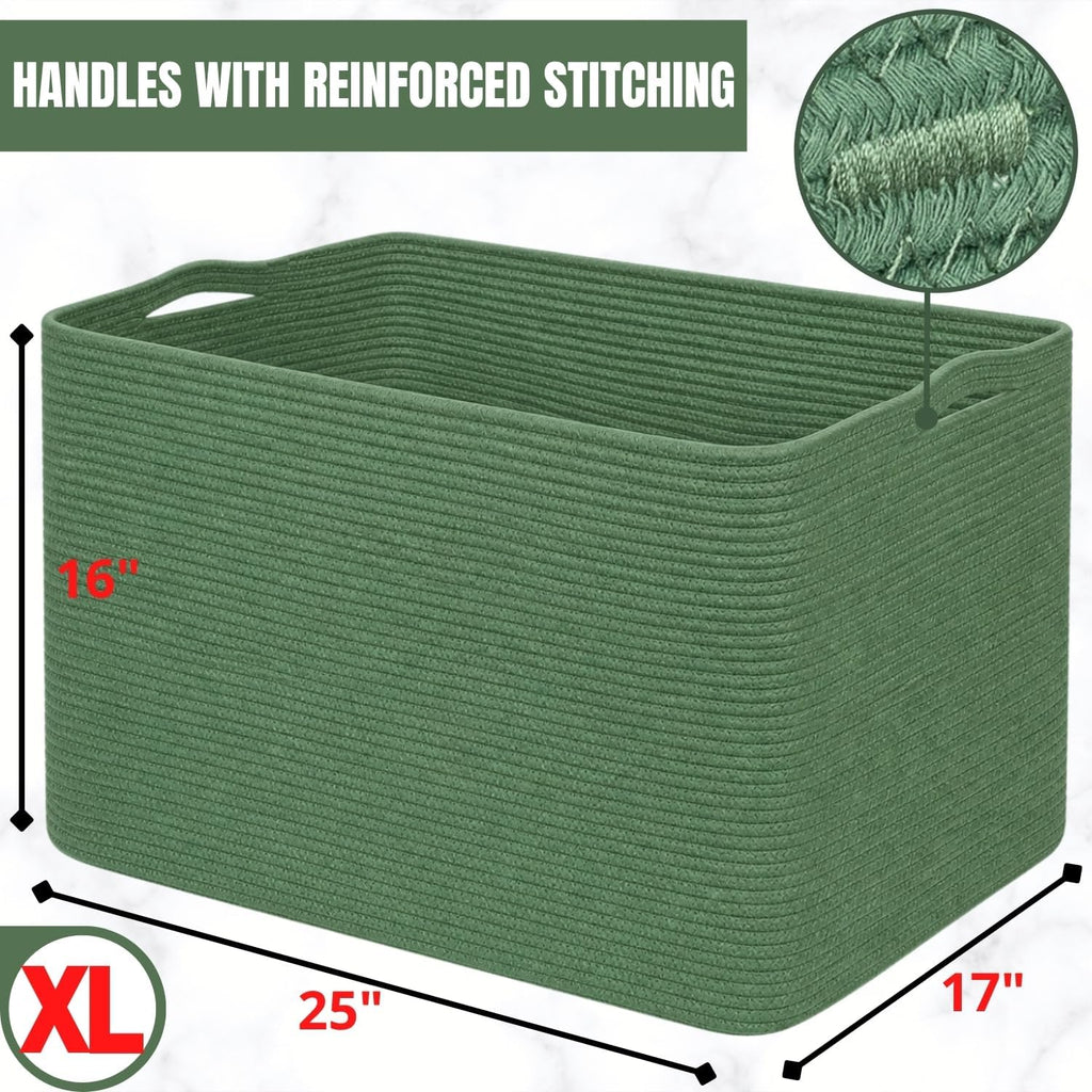 MINTWOOD Design 112L Extra Large Blanket Basket Holder Living Room, 25"x17"x16" Rectangle Rope Woven Storage Basket with Handles for Laundry, Towels, Shoes, Dog Toy Organizer Bin Box, Green