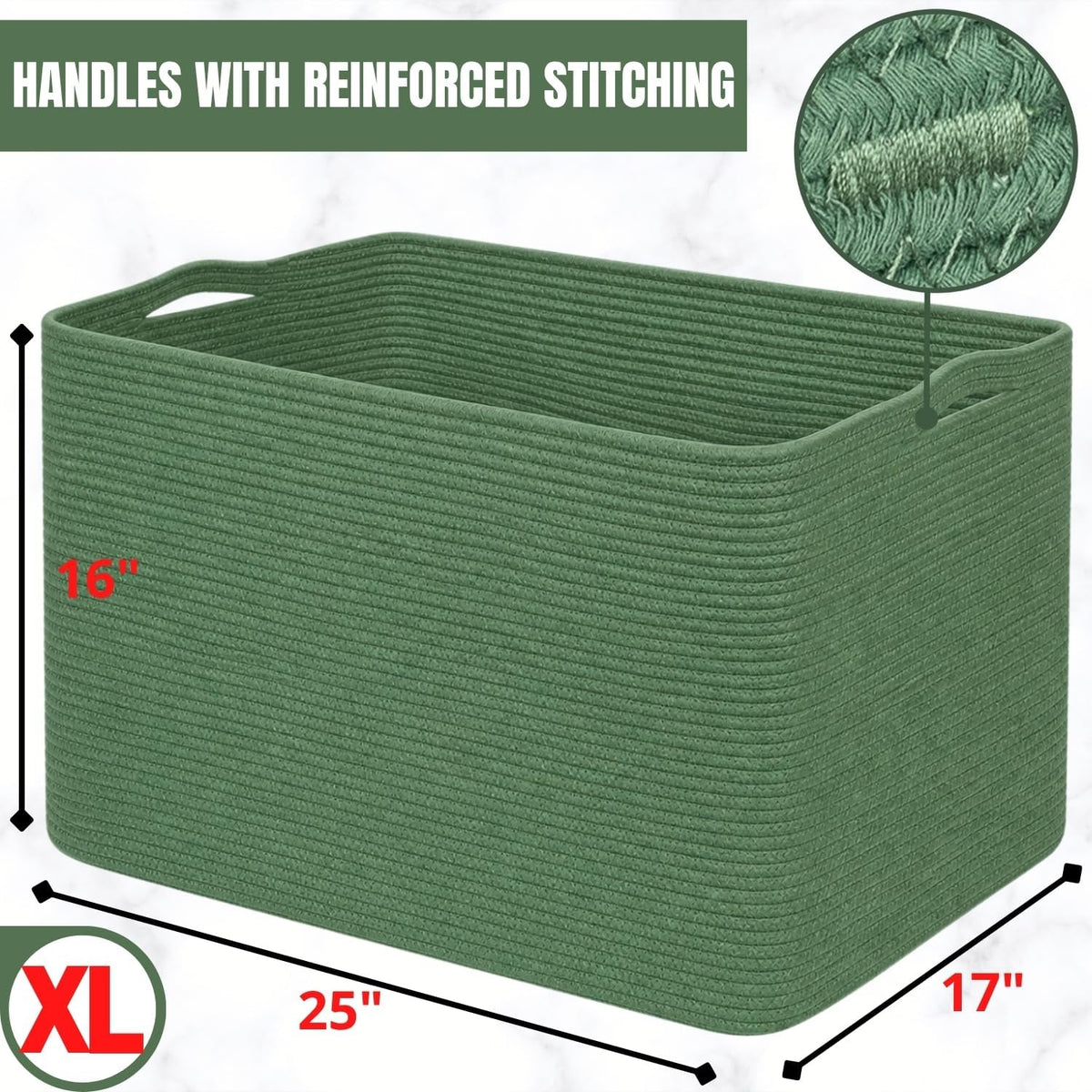 MINTWOOD Design 112L Extra Large Blanket Basket Holder Living Room, 25"x17"x16" Rectangle Rope Woven Storage Basket with Handles for Laundry, Towels, Shoes, Dog Toy Organizer Bin Box, Green