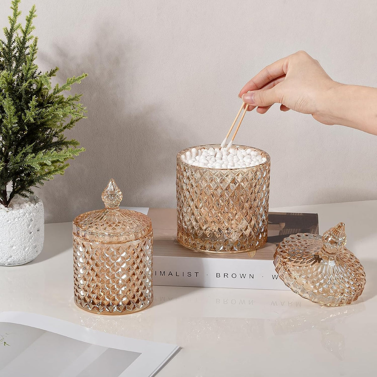 2 Pack Qtip Holder Apothecary Jars with Lid, Small and Large Amber