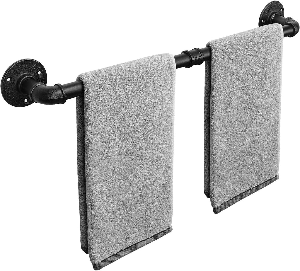 Livabber Industrial Pipe Towel Bar, Rustic Iron Decor Bathroom Hardware Towel Holder Accessory, Heavy Duty Wall Mounted Bath Towel Rack, Black (24 Inch)