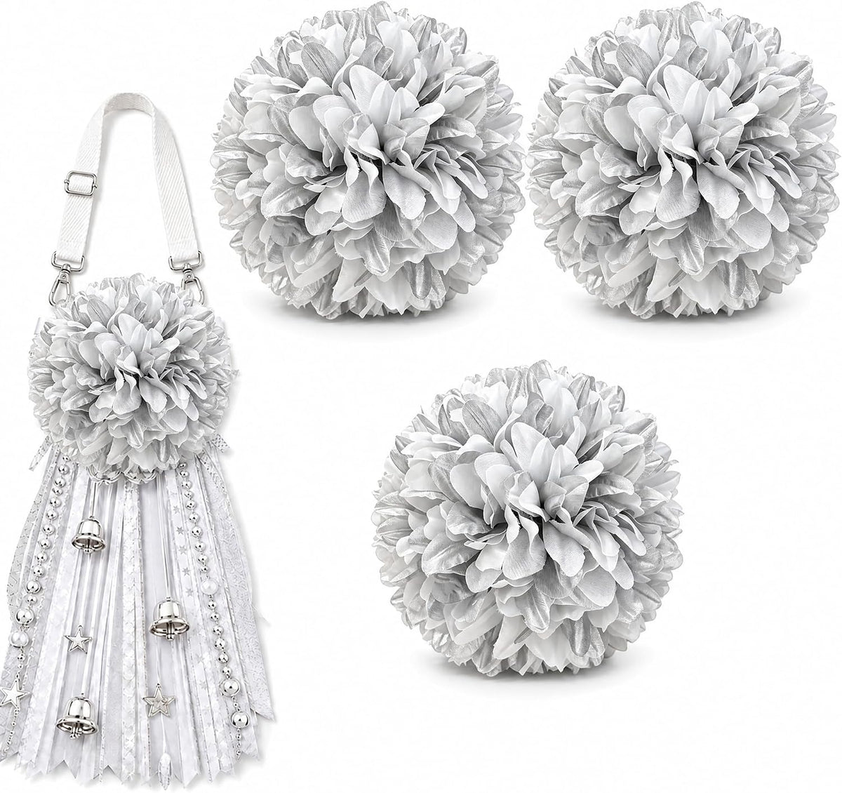 3 Pcs Silver and White Homecoming Mum Flowers, 6.5In Artificial Mum Flowers