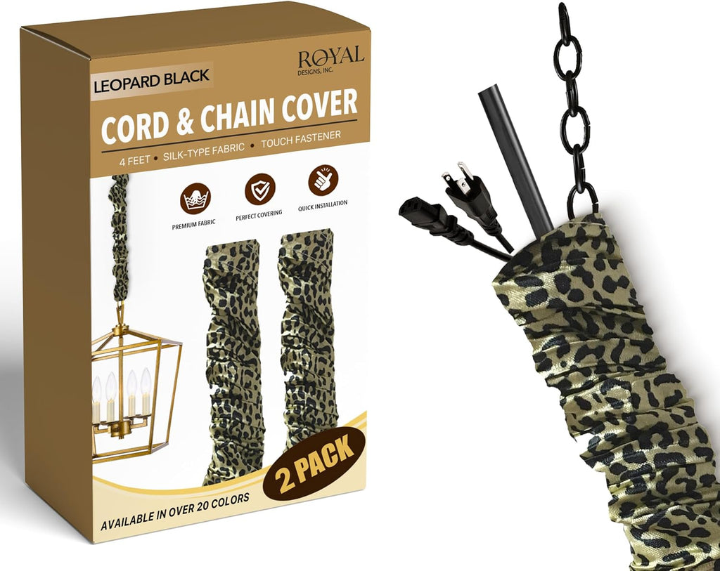 Royal Designs, Inc. Cord & Chain Cover 4 ft Silk Type Fabric, Chandelier Pendant Lighting Chain & Cable Management, Touch Fastener, Leopard Black - 2 Pack