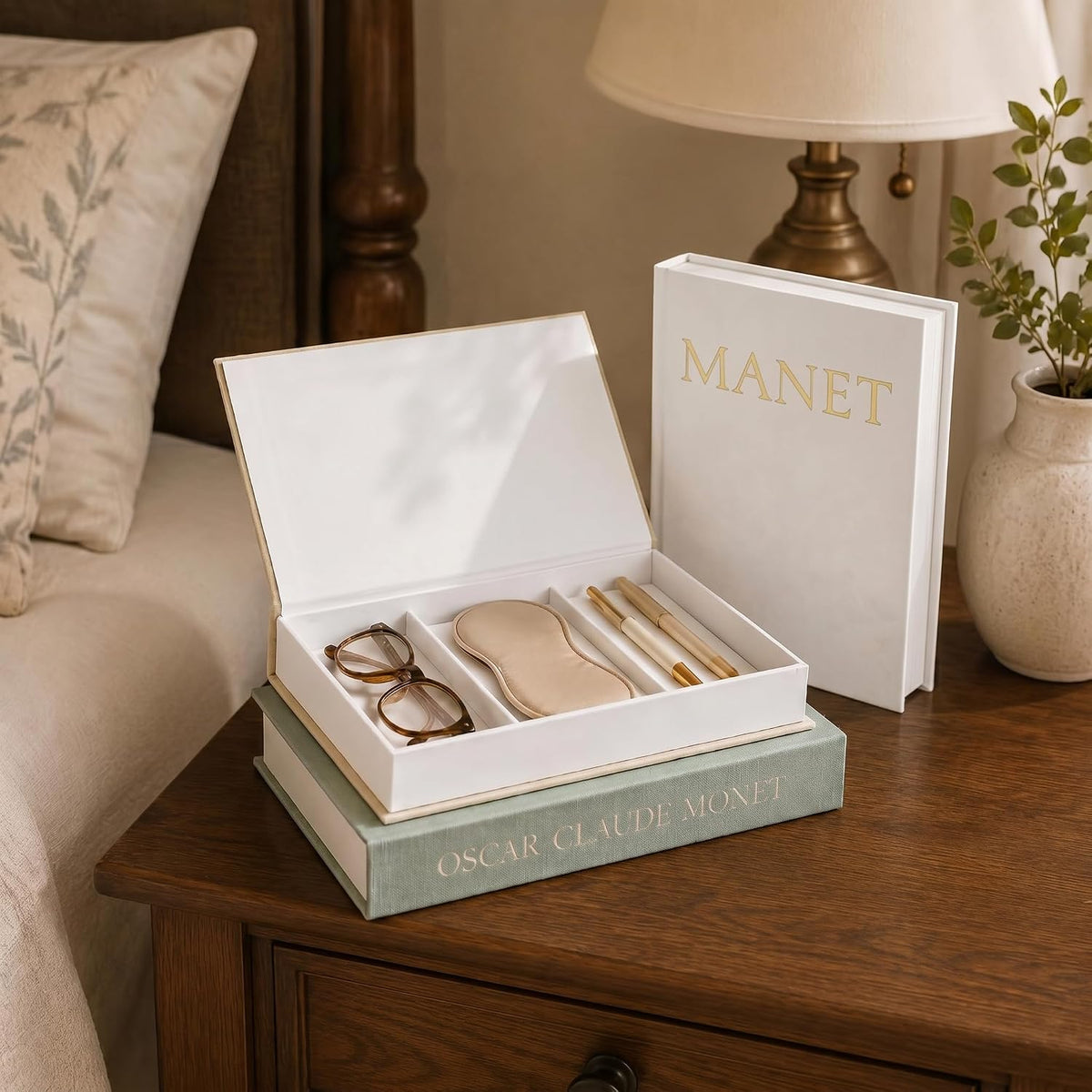 Aesthetic Decorative Books, Set of 3 Linen Faux Book Boxes, Sage