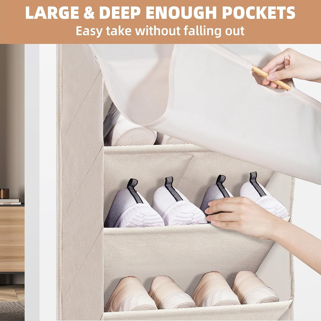 STORAGE MANIAC Over the Door Shoe Organizer with Curtain Dustproof Heavy-Duty Large Deep Pocket Hanging Shoe Organizer for Closet Dorm & Narrow Door Storage Shoe Holder Shoe Rack, 7-Shelf Beige 1 Pack
