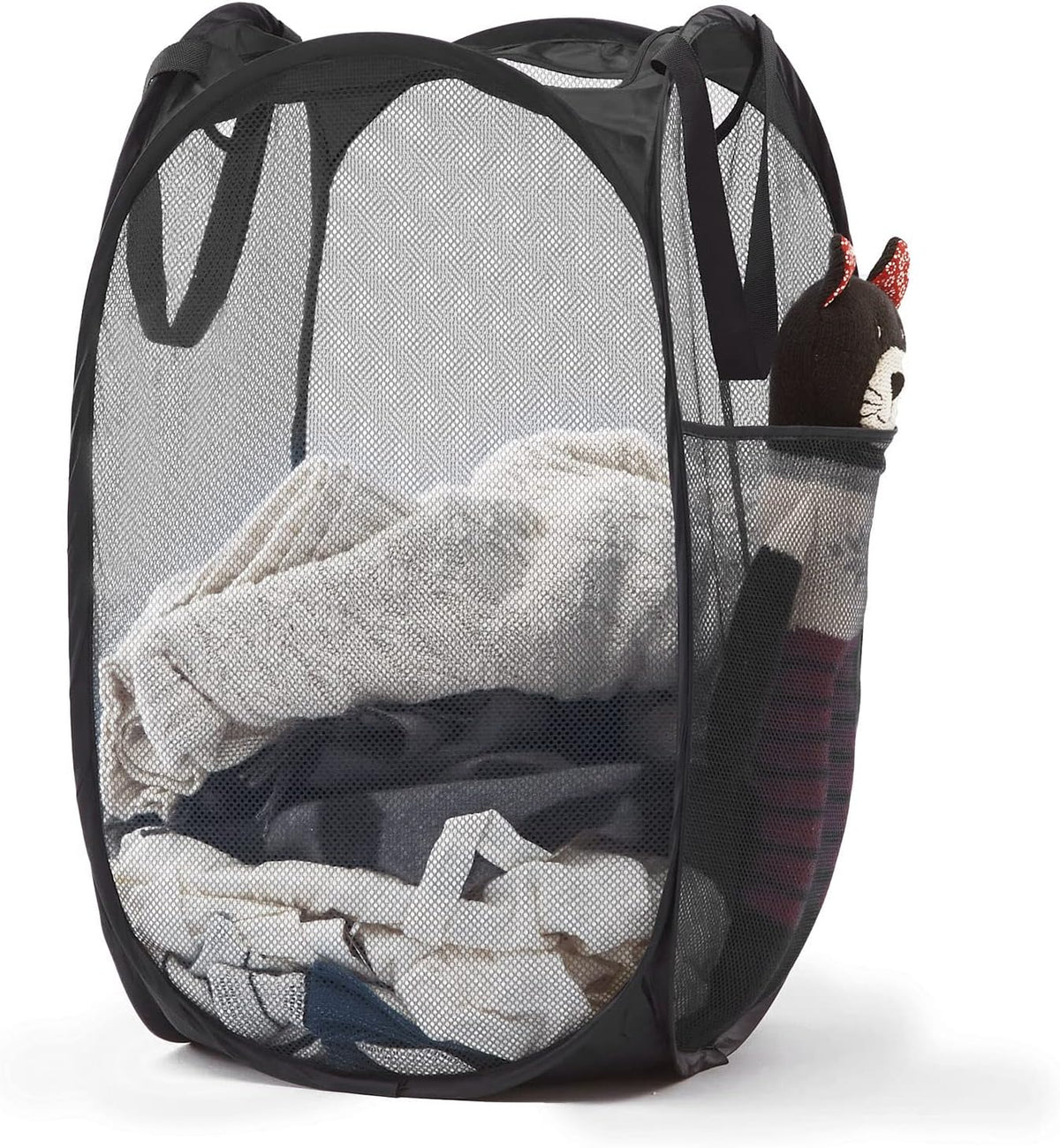 Collapsible Mesh Pop Up Laundry Hamper with Sturdy Handles and Side Pocket - Portable Foldable Clothes Baskets for Dorm, Bathroom & Travel Storage (Black)