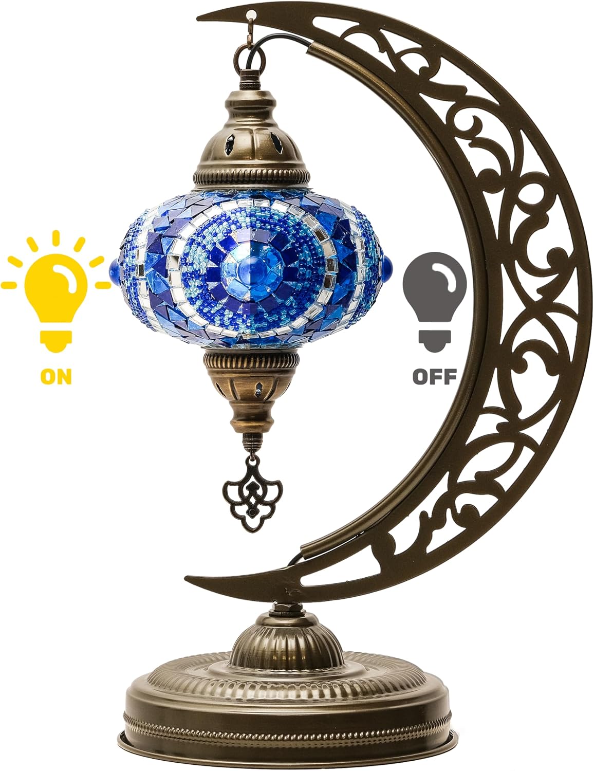 Turkish Lamp, Unique Lamps, Moon Shaped Mosaic Table Lamp, Moroccan Handmade Antique Bohemian Vintage Lamp Shade, Tiffany Desk Bedside Stained Glass Lamp with US Plug and E12 Socket