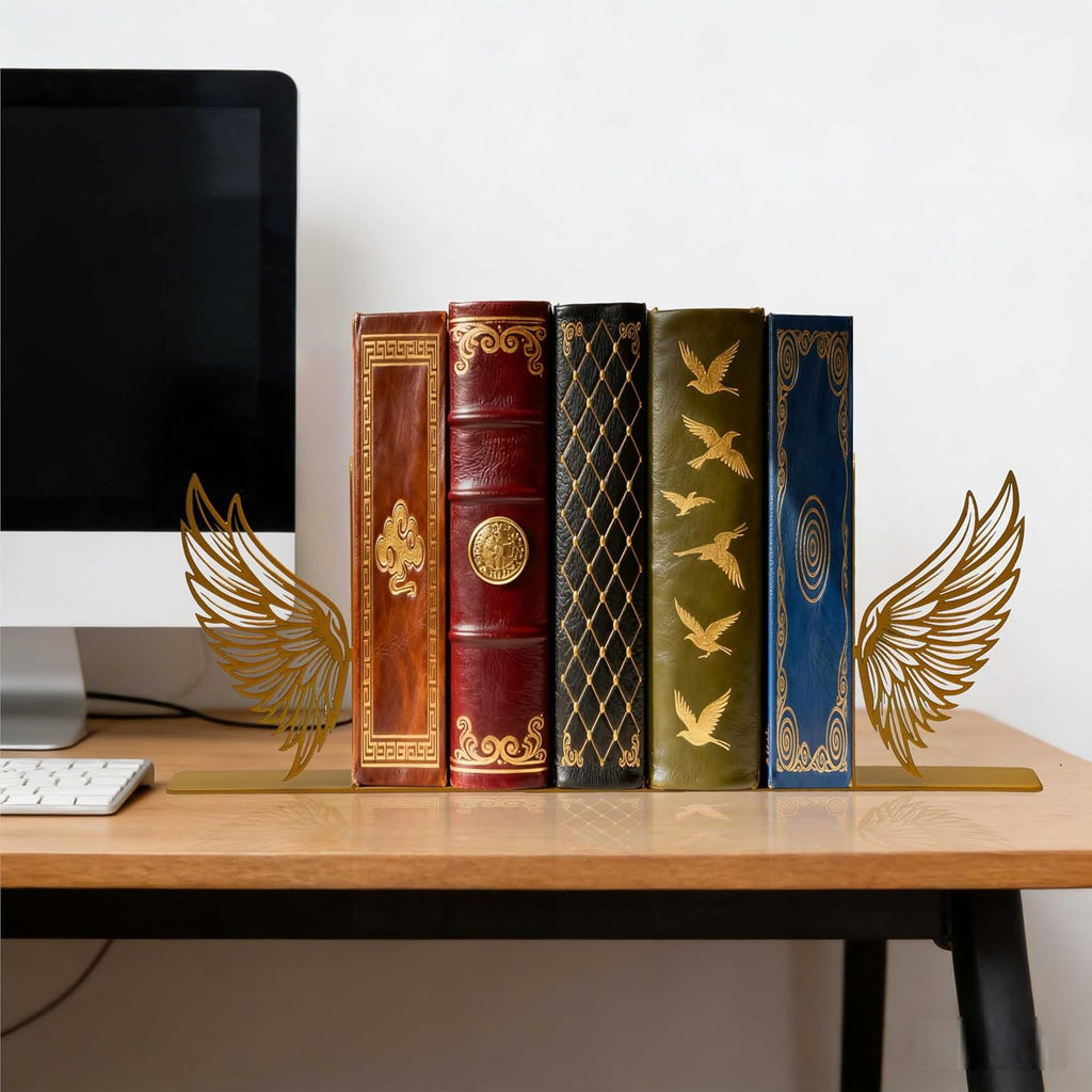 Gold Angel Wings Metal Bookends – Decorative Metal Book Ends for Shelves, Cute Gold Book Holders, Unique Book Stoppers for Home Decor (8.1" x 1.2" x 5.1")