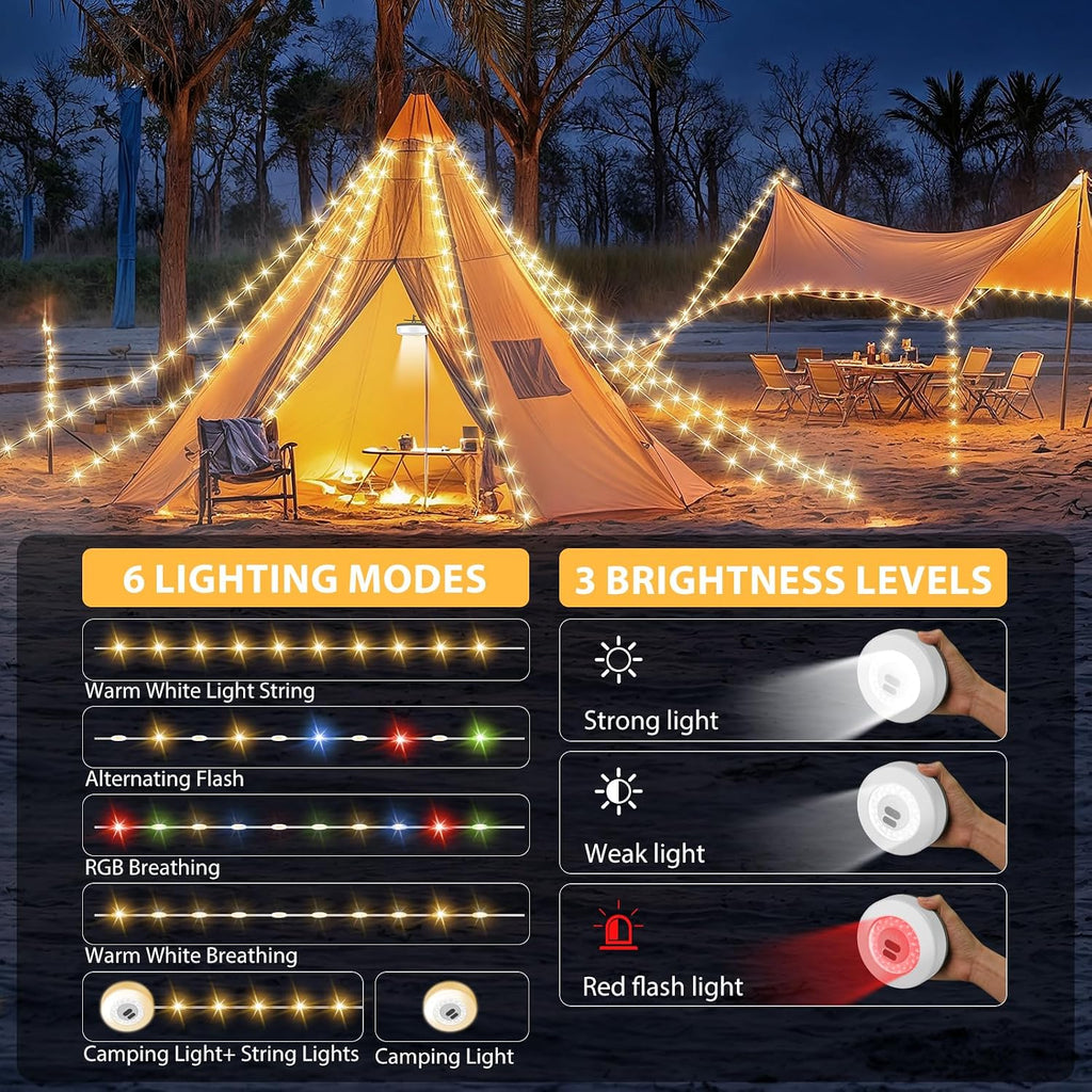 2Pack Camping String Lights, 4 in 1 Quick Storage 32.8FT 9 Modes Portable
