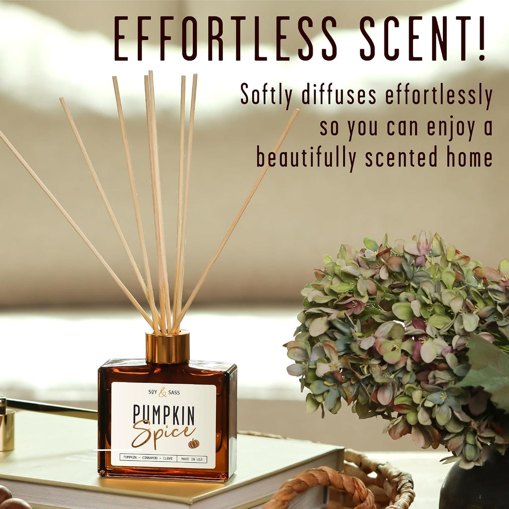 Pumpkin Spice Reed Diffuser, Fall Reed Diffuser Set - Infused w/Essential Oils I Pumpkin Diffuser I Stick Oil Reed Diffusers for Home, 5.75 OZ, Scent Lasts 4-6 Month's, Made in The USA