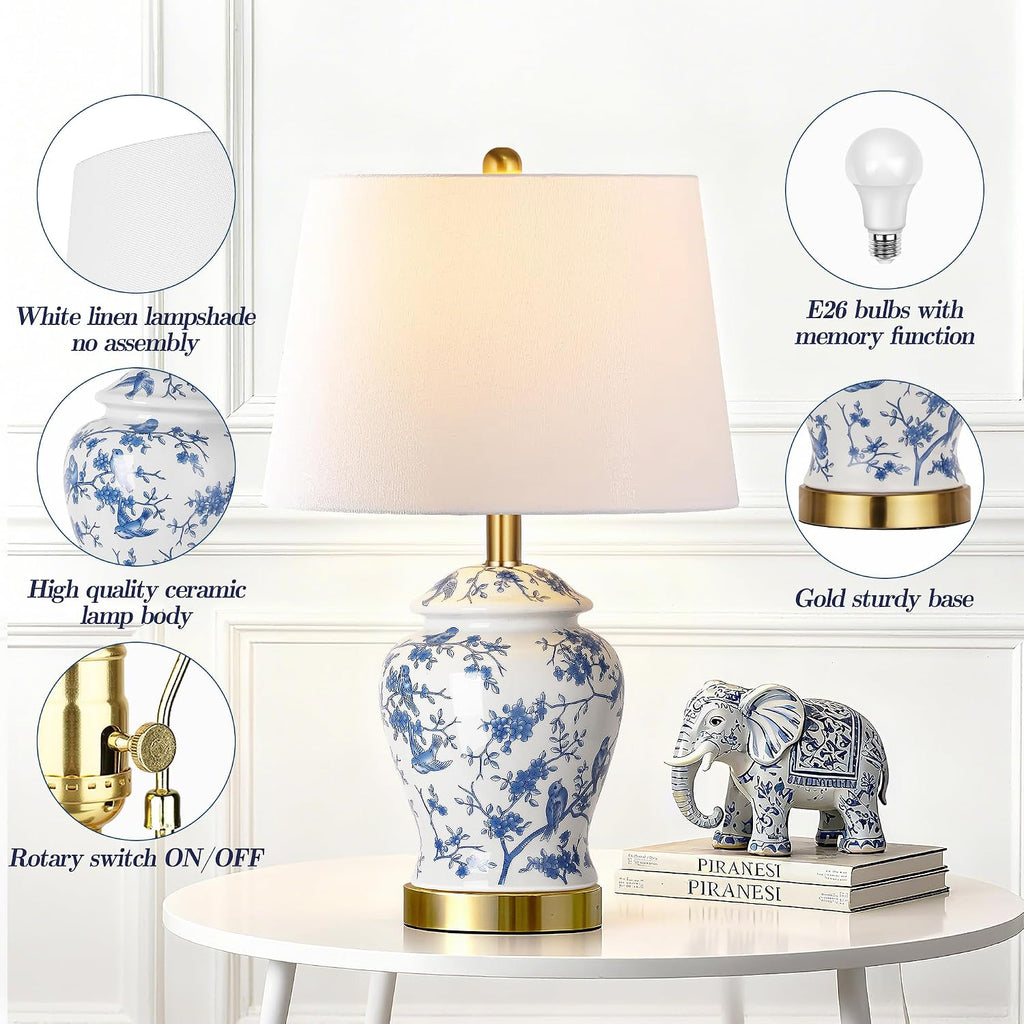 QiMH Chinoiserie Ceramic Table Lamps Set of 2 for Living Room, Vintage Traditional Bedside Lamps for Night Stands, 22" Large Blue and White Table Lamp for Bedroom Cottage, Gold(LED Bulbs Included)