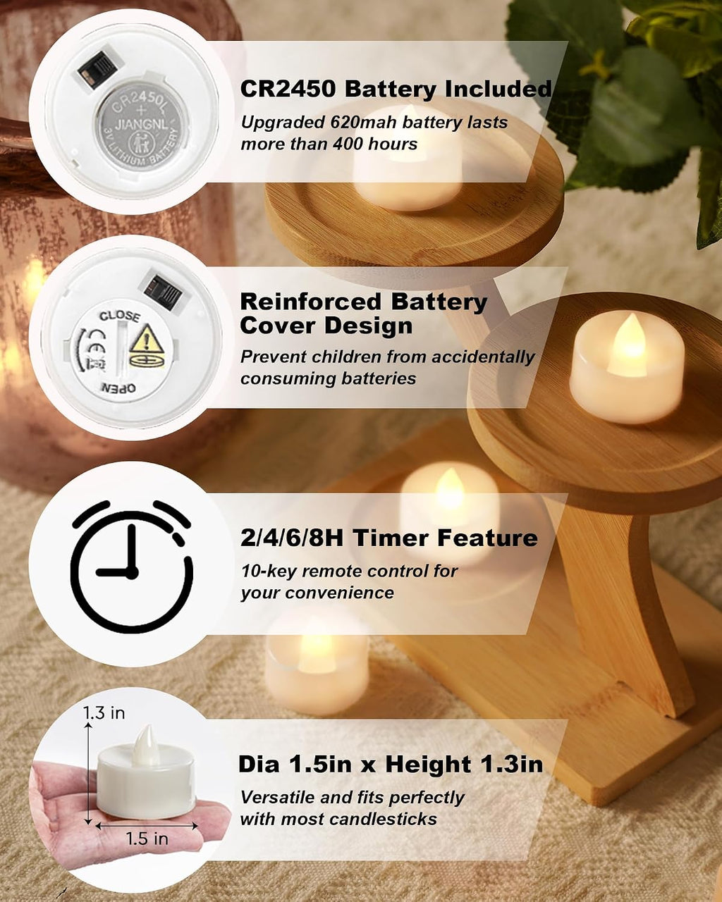 BEICHI 24Pcs Flameless LED Tea Lights with Remote & Timer,White Base,400Hrs