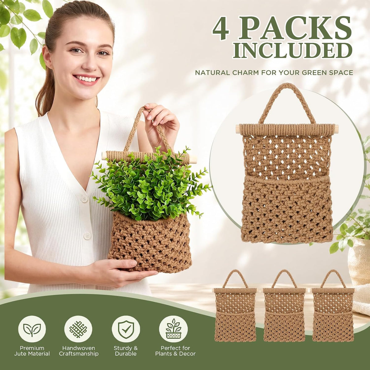 4 Pack Macrame Wall Plant Hangers, Jute with Wooden Rod for Indoor