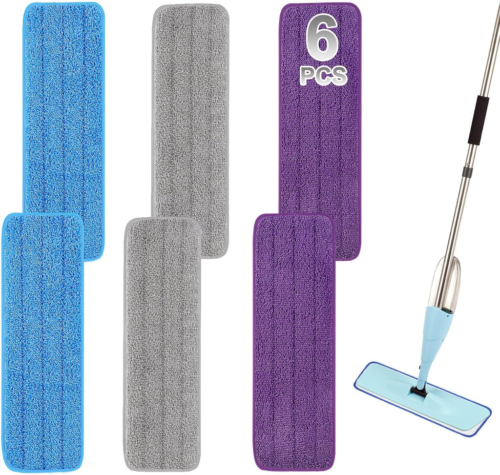 18 inch Reusable Mop Pads Microfiber Spray Mop Replacement Heads for Wet/Dry Mops Compatible with Bona Floor Care System (6 Pack) (Purple Gray Blue)