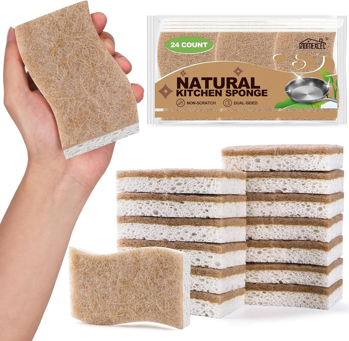 HOMEXCEL Kitchen Dish Sponges, 24 PK Non Scratch Natural Sponge for Dishes