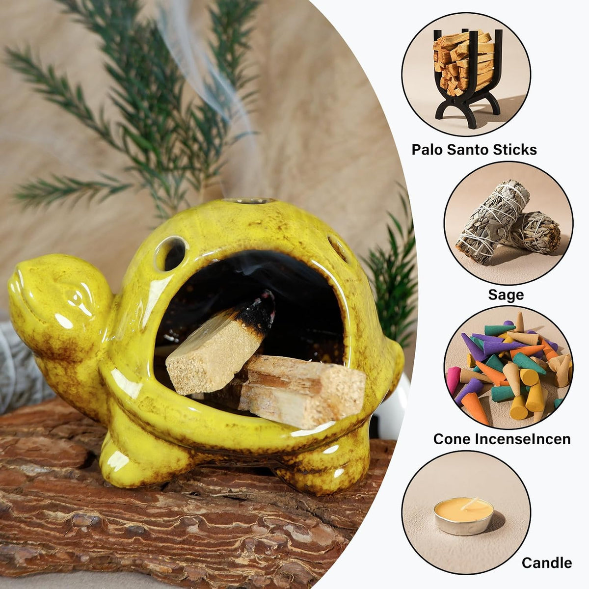 Mougigi Yellow Ceramic Turtle Palo Santo Burner Holder Chiminea Incense