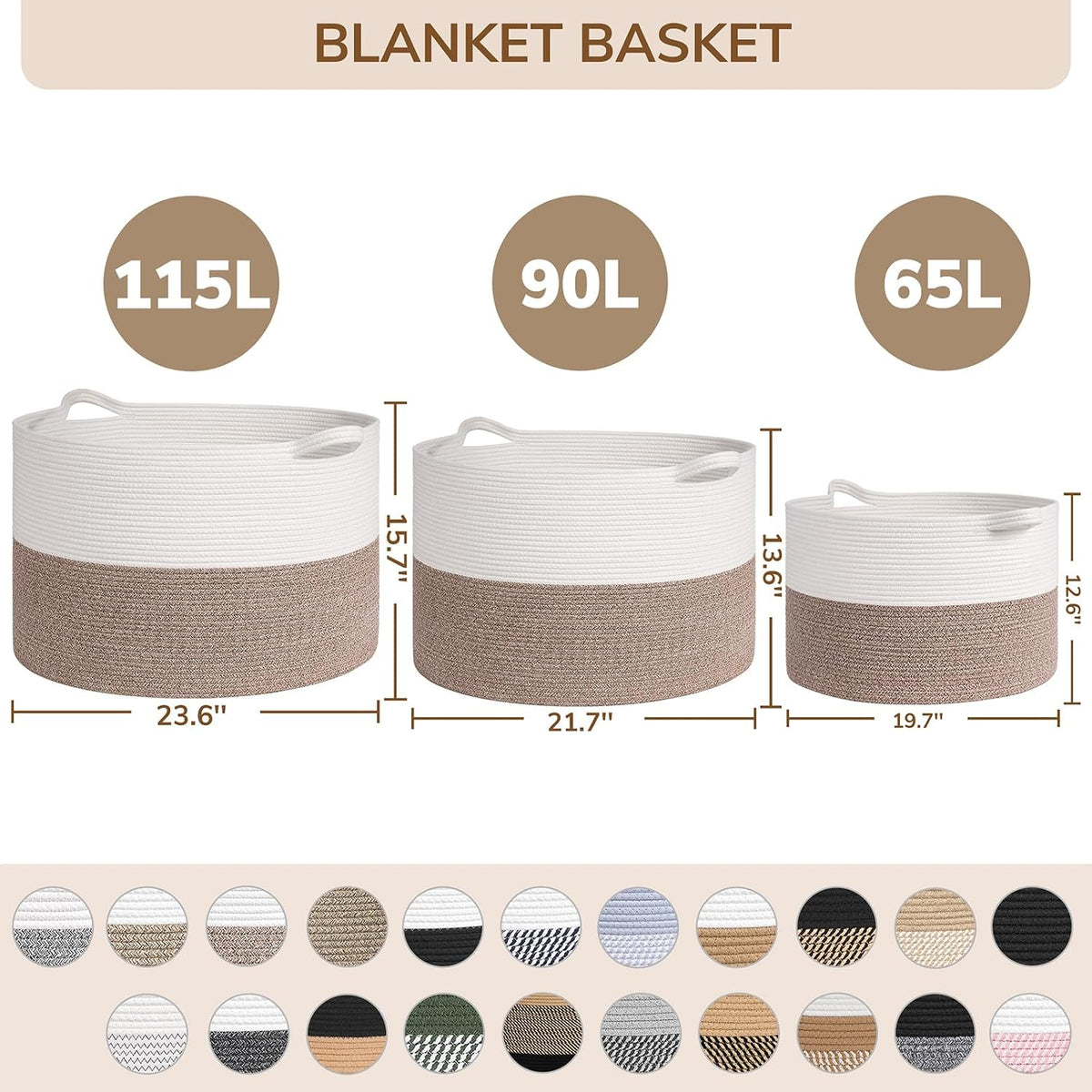 INDRESSME 115L Extra Large Woven Rope Blanket Basket Living Room, Navy