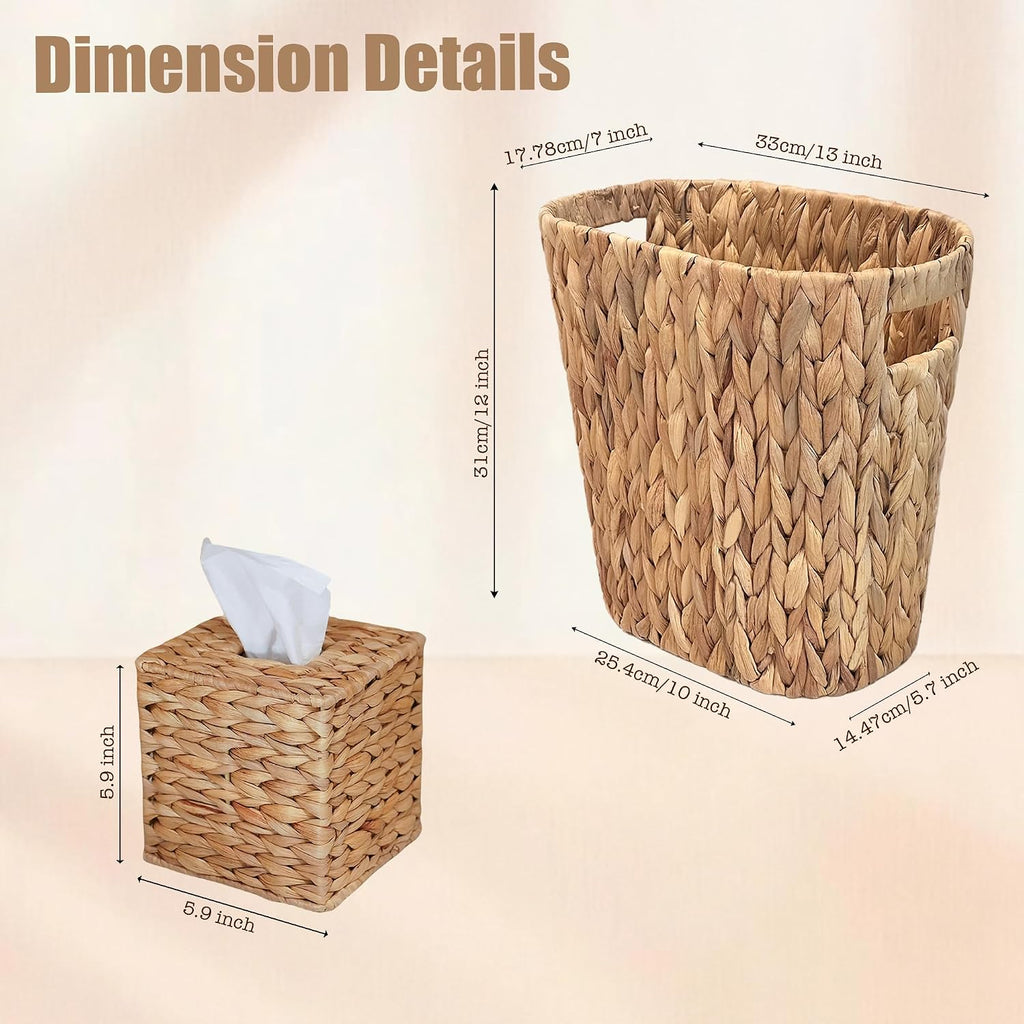 PINXIURY Water Hyacinth Tissue Box Cover, Natural Handmade Wicker Napkin Box Holder and Bathroom Wicker Trash Can, Handwoven Wicker Waste Basket with Handles for Bedroom, Kitchen, Office and Bathroom