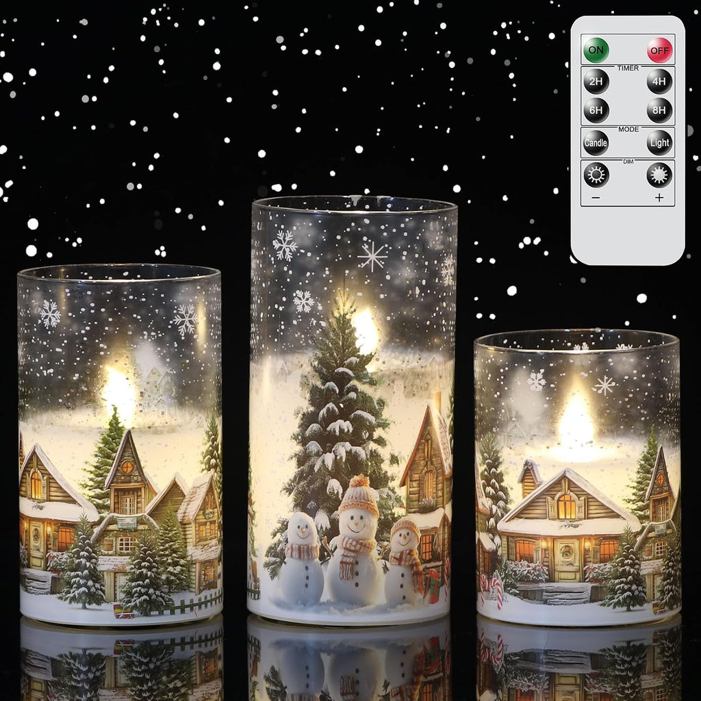 Eldnacele Snowman House Glass Christmas Flameless Candles with Remote Timer