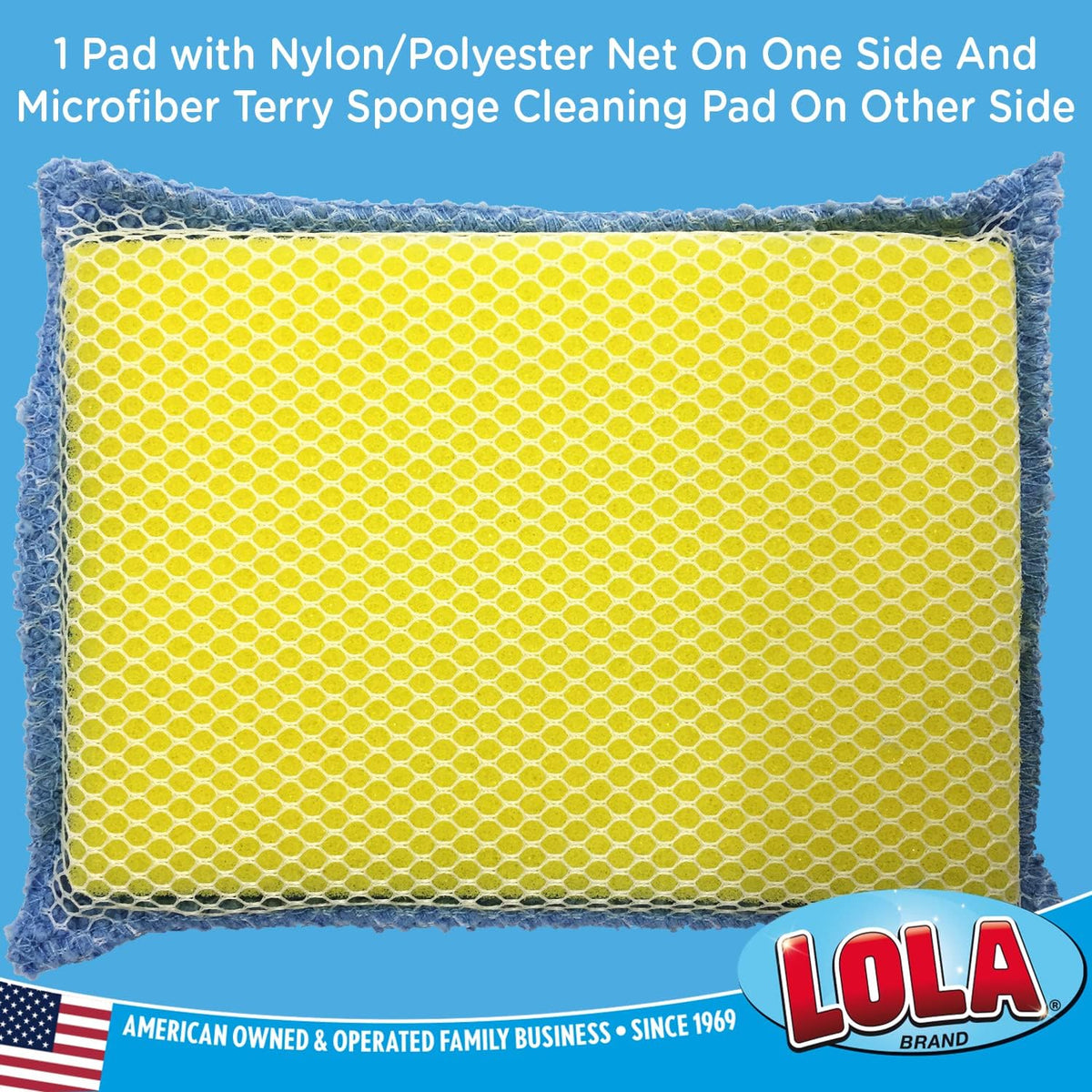 LOLA Microfiber Terry & Nylon Net Sponge Scrubber Pad, 6 Pack, Non Scratch 2-Way Cleaning, Gently Scrubs & Wipes Clean