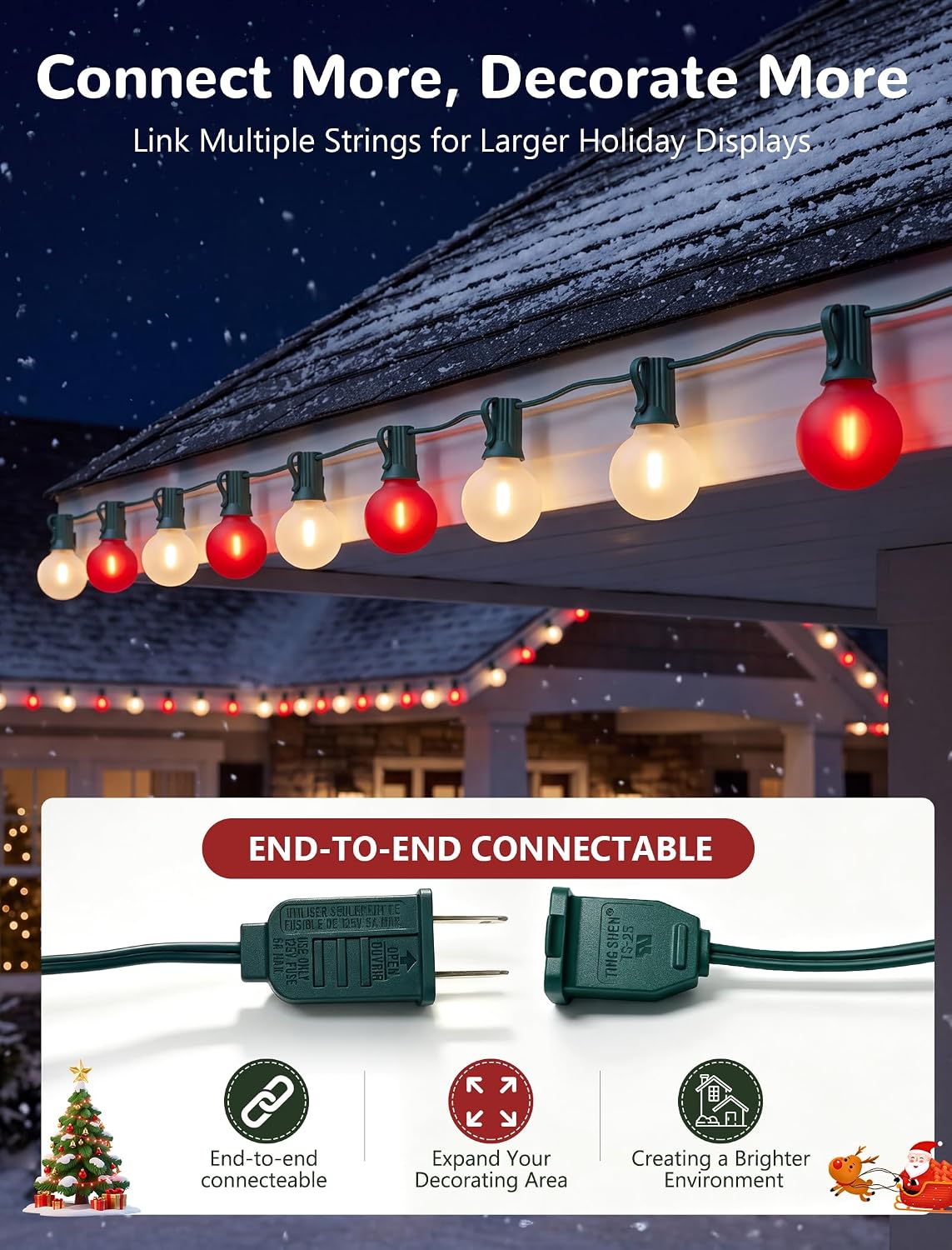 50FT 25 LED Frosted Red and White Christmas Lights Outdoor, G40 Globe Bulbs