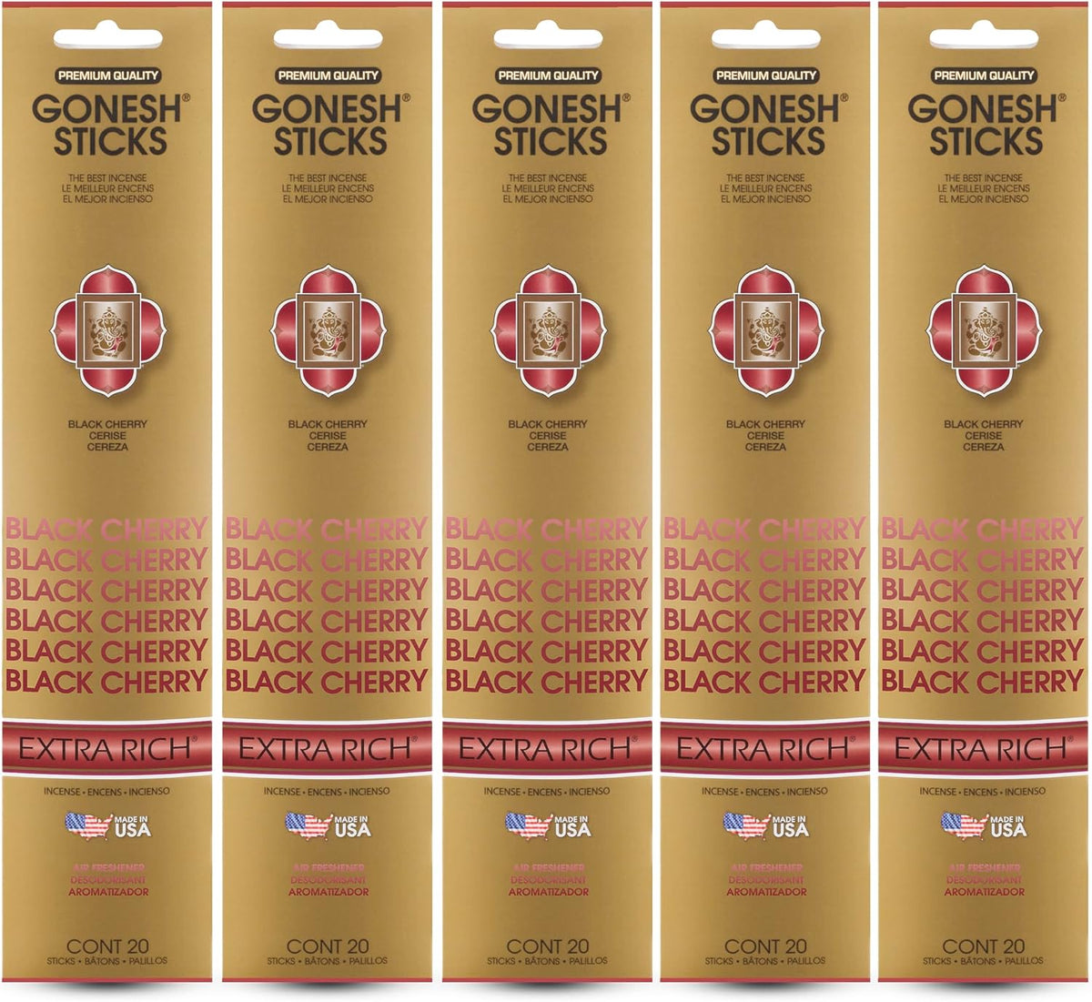 Gonesh - Extra Rich Scented Incense Sticks - Non-Toxic 10” Slow Burn Aromatic Sticks - Black Cherry - 100 Total - 5 Packs of 20