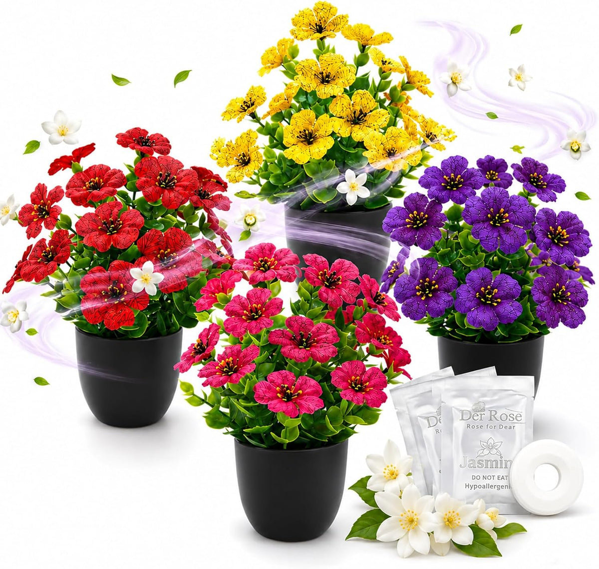 Der Rose 4 Pack Fake Flowers with Fragrance Discs for Black Bathroom Decor