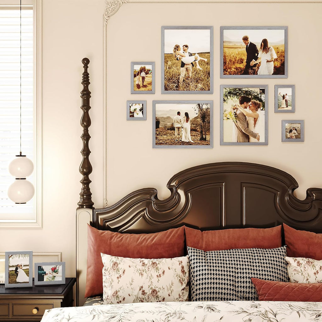 Egofine Picture Frame Set 10 Pack, Collage Wall & Tabletop Decor with Two Sizes - 12x16, 11x14, 5x7, 4x6, 4x4; Solid Wood, Plexiglass Cover, Oak Grey