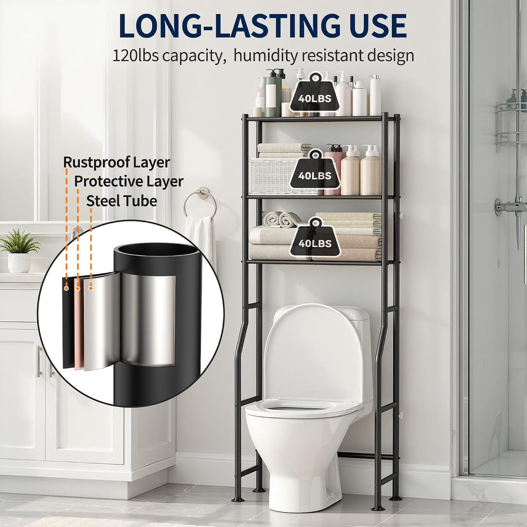 GloTika 3-Tier Over Toilet Storage Rack, Anti-Wobble, Black