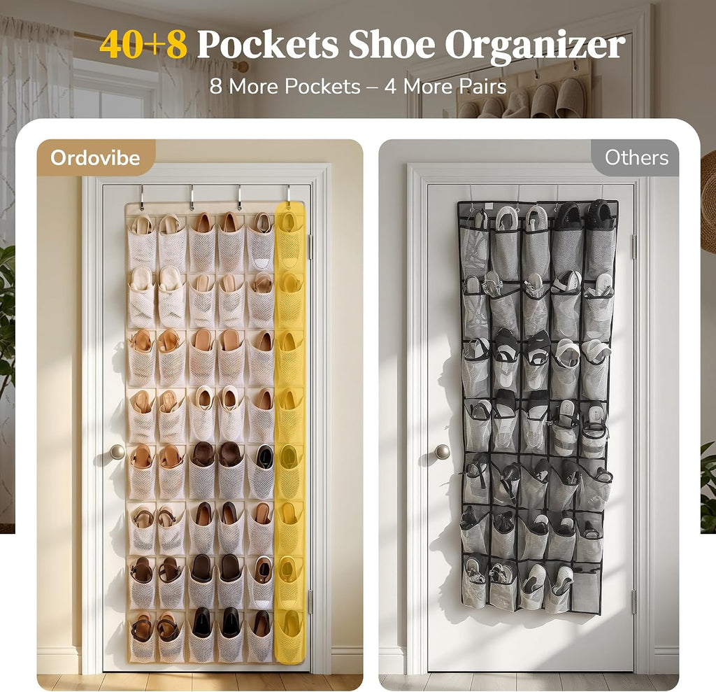48 Pockets Over the Door Shoe Organizer, Fits Women's Shoes Up to US Size 9, 6-Column Heavy Duty Shoe Storage for Sneakers & Heels, Mesh Hanging Rack for Entryway, Bedroom & Dorm, Beige