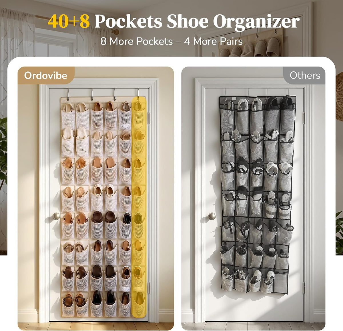 48 Pockets Over the Door Shoe Organizer, Fits Women's Shoes Up to US Size 9, 6-Column Heavy Duty Shoe Storage for Sneakers & Heels, Mesh Hanging Rack for Entryway, Bedroom & Dorm, Beige