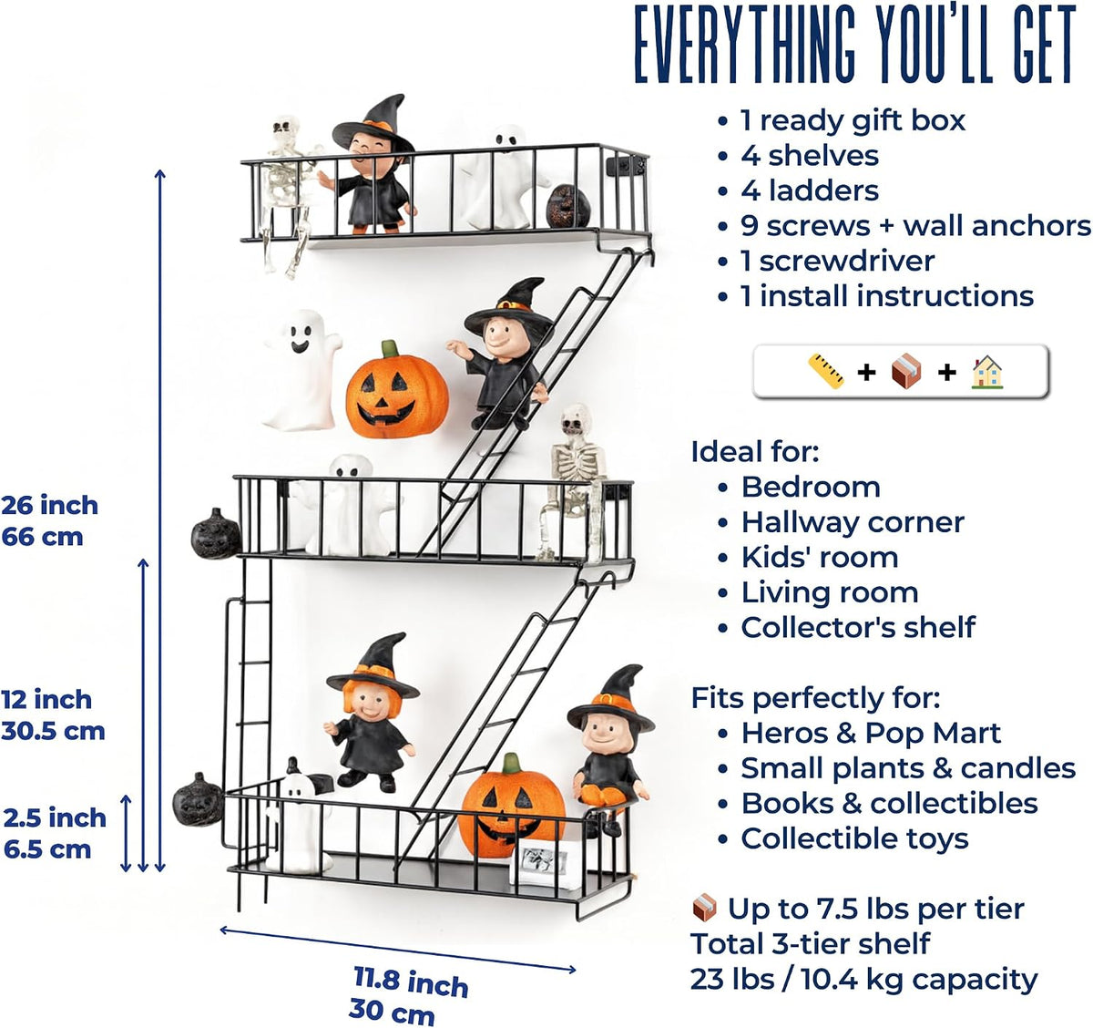 Fire Escape Wall Shelf, Black Metal Decorative Floating Ladder, 3-Tier