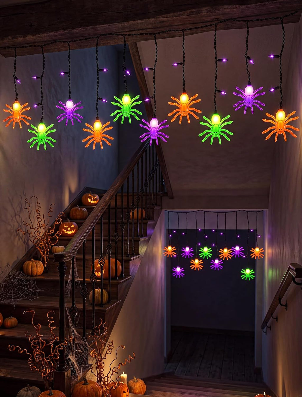 Halloween Spider String Lights, 7Ft Halloween Decorations Lights with 10 LED Colorful Spider Lights 15 Mini Purple Bulbs, Hanging Fairy Lights UL Listed for Outdoor Curtain Porch Bar Party Decor