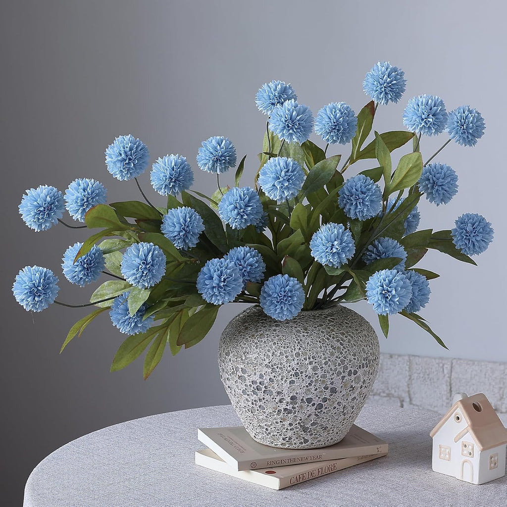 6 Pcs 27"Artificial Pompon Mum Silk Flower Stems for Vase (Dusty Blue)