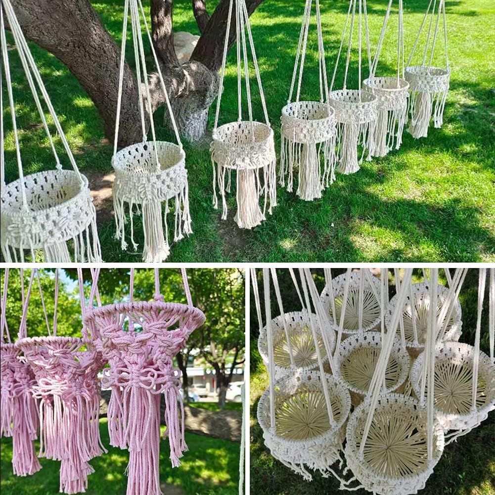 Macrame Plant Hangers with Tassels Indoor Hanging Planters Basket Handmade Cotton Rope Flower Pots Holder Stand Boho Home Decor Outdoor Decorations Round Yellow