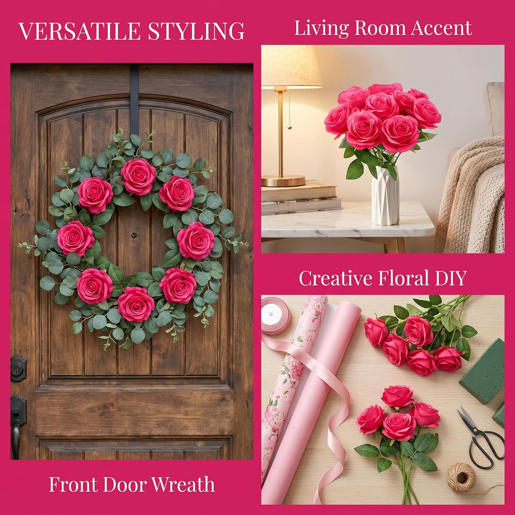LVEFIT 50Pcs Hot Pink Flowers Fake Roses Artificial Flowers Realistic