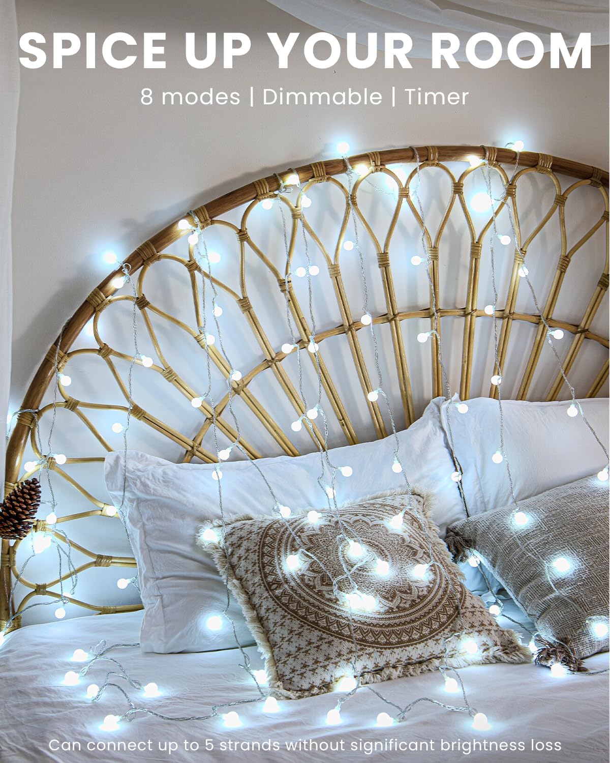 JOLYMOLY Globe String Lights 59 Ft 100 LED Fairy Lights Plug in with Remote Timer, Connectable Small Frosted Globe Christmas Lights for Bedroom Wedding Xmas Tree Indoor Outdoor Decor, Cool White