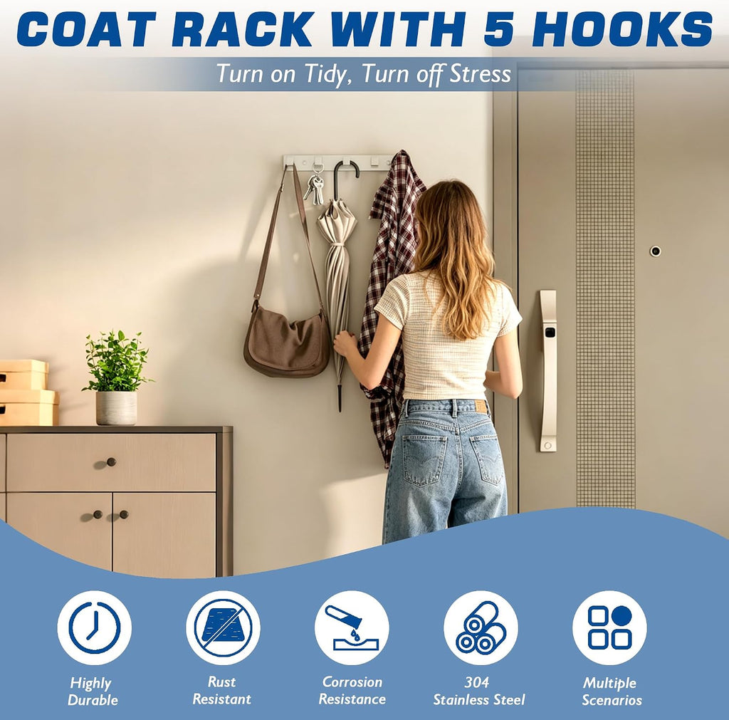 Alise Coat Hook Wall Mount Hat and Coat Rack 5 Hooks Wall Mount,Brushed
