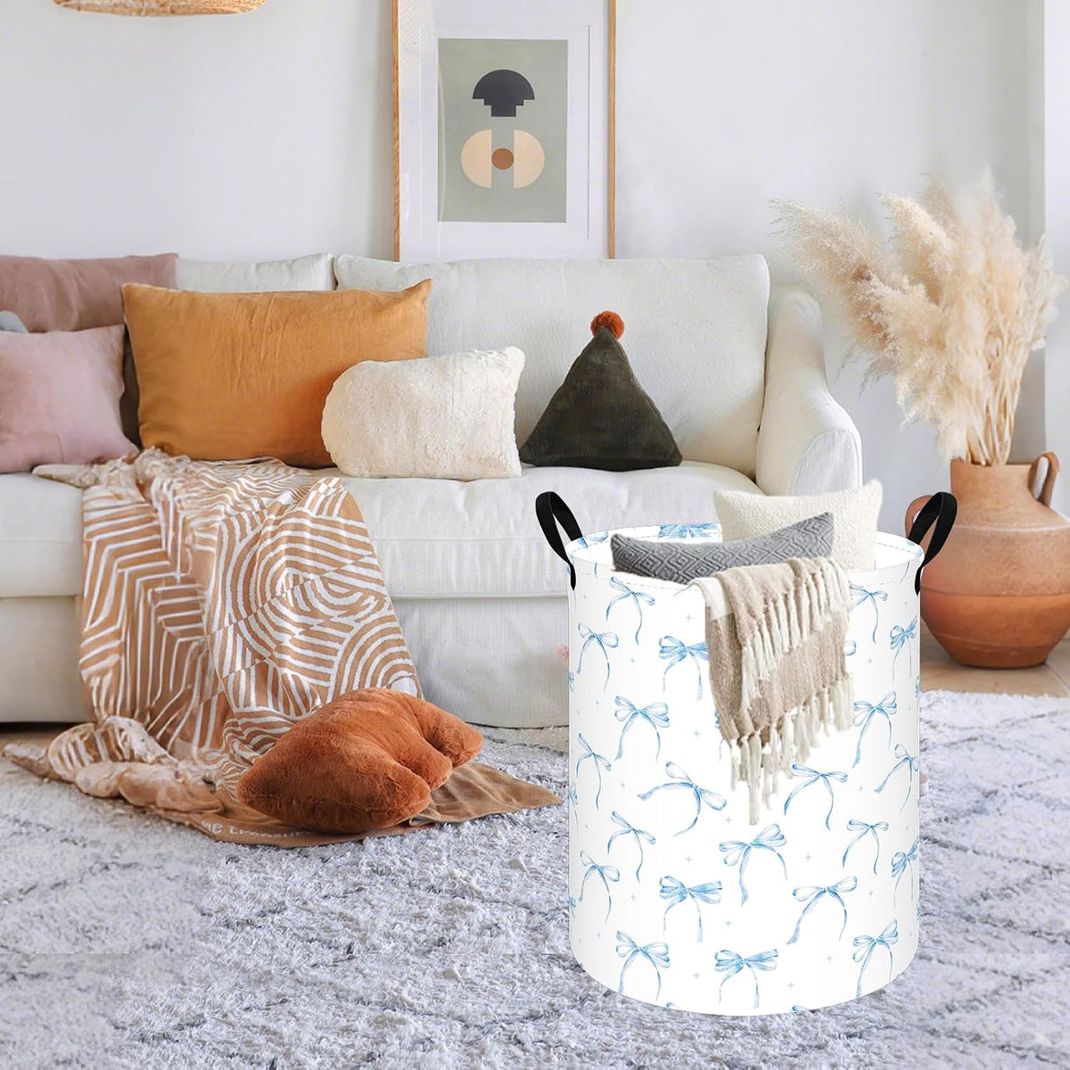 Blue Bow Laundry Hamper for Girls Room, Foldable Toy Storage Basket