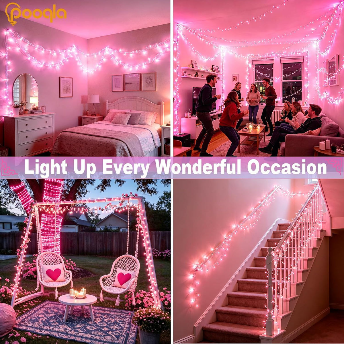 Pooqla 200 LED String Lights Indoor Outdoor, 66 ft Pink Christmas Lights Plug in with Timer, Connectable 8 Modes Waterproof Clear Wire Twinkle Fairy Lights for Halloween Xmas Tree Yard Wedding Decor