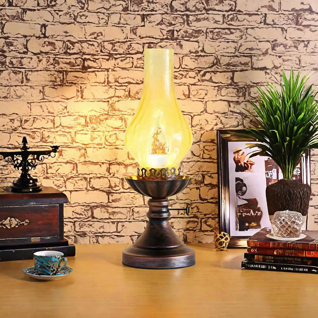 Vintage Table Lamp - 3 - Mode Dimmable Retro Rustic Desk Lamp with Crackle Glass Shade, Antique Victorian Western Style, E26 Bulb Included, Ideal for Bedroom, Living Room, Home Decor (Yellow Glass)